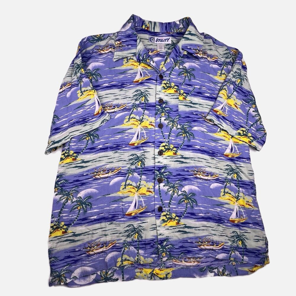 Y2K Utility Aloha Hawaiian Short Sleeve Button Up Men's Shirt Size L Tropical